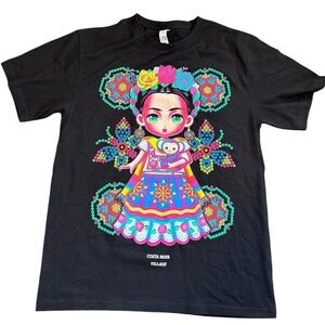A209- Black cotton t-shirt with multi-coloured Frida Kahlo design #FridaKahlo
